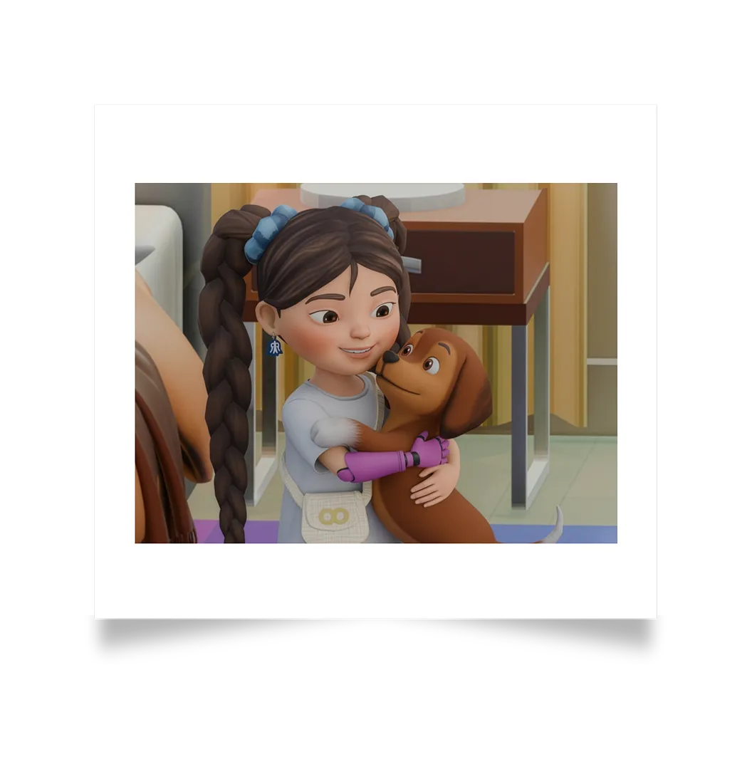 Sana character hugging a dog